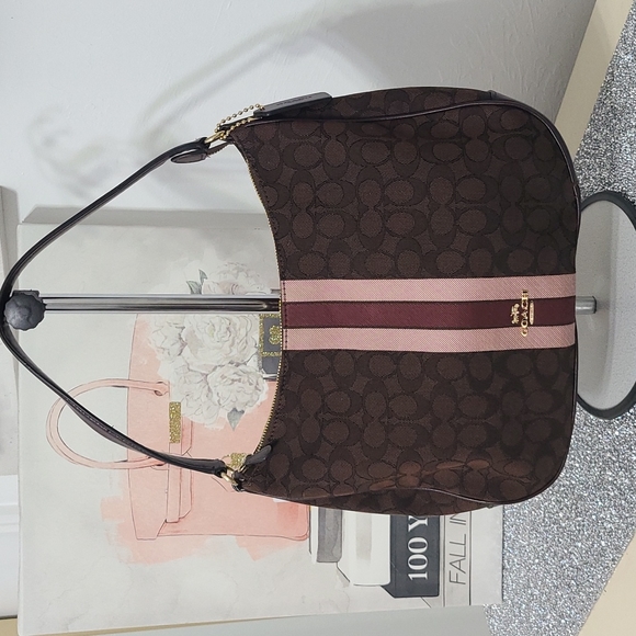 Coach Handbags - NWT Coach Brown Multi-Signature Rose Striped Zipper Hobo Bag w/ Leather Tag
